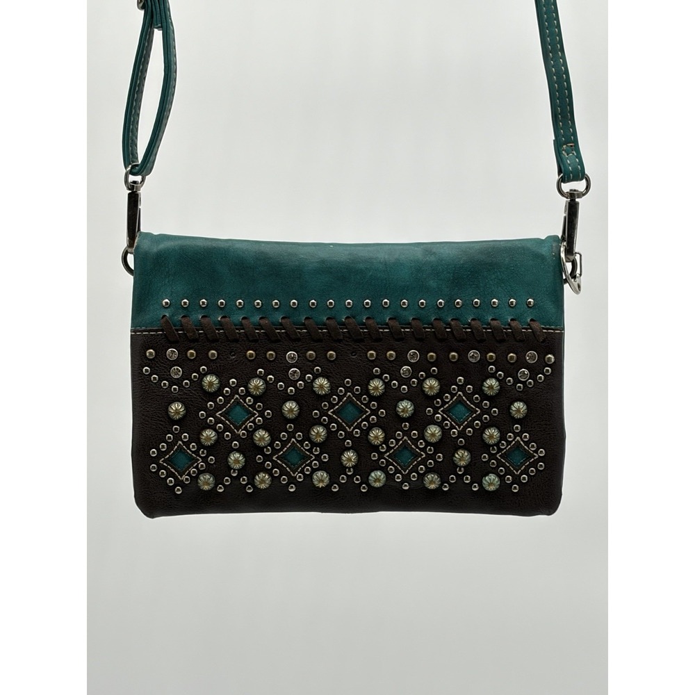 American bling Western crossbody purse faux leather rhinestone  Brown & teal